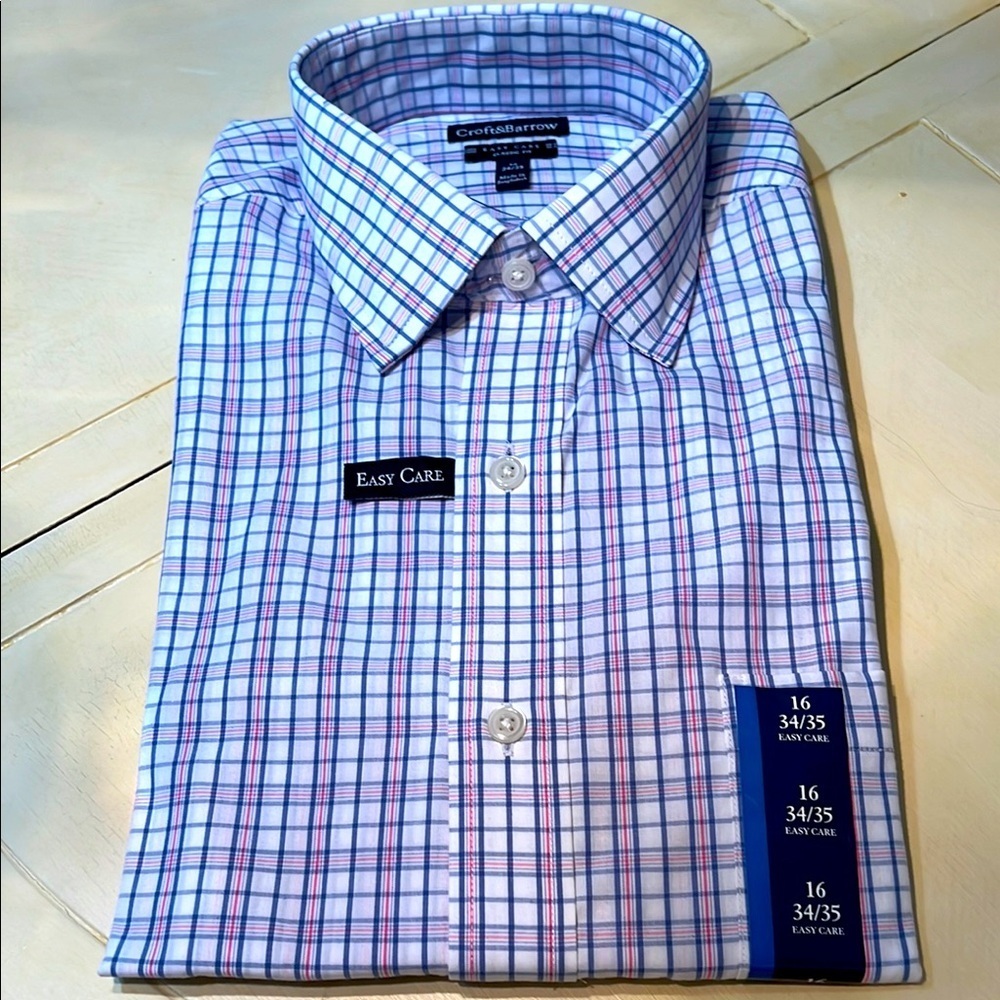 CROFT & BARROW MENs LONG SLEEVE DESS SHIRT Blue Pink on white backing